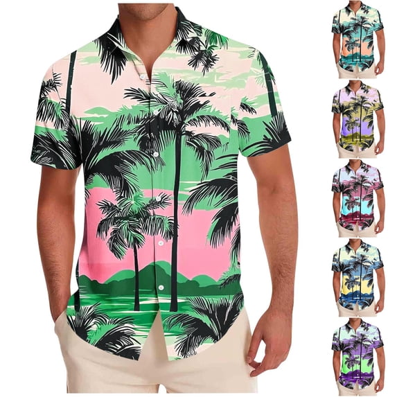 Purcolt Hawaiian Shirts for Men Summer Casual Palm Print Collared Button Down Shirt Tropical Quick Dry Tee Tops for Beach Party Vacation