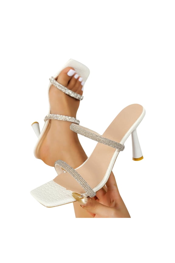 High Heels Sandals for Women Rhinestone Open Square Toe Slip on Pumps with Strappy Comfort Sparkly Heeled Slippers Shoes