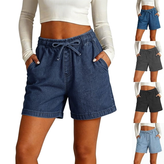 Purcolt Jean Shorts Womens Stretchy High Waisted Lightweight Summer Casual Loose Pull on Trendy Dstring Denim Shorts