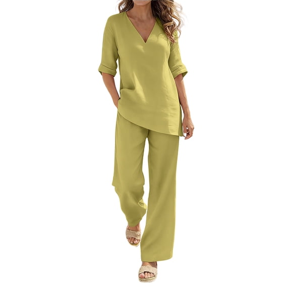 Purcolt Linen Sets for Women 2 Piece 3/4 Sleeve Cotton Linen Tops and Wide Leg Pants Matching Sets Summer Beach Lounge Outfits