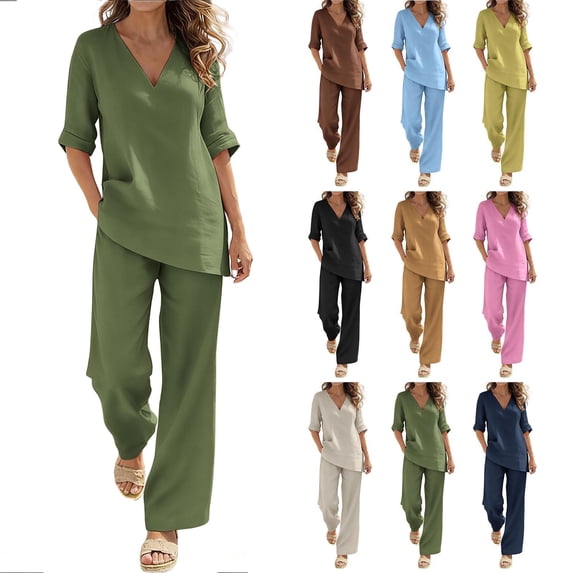 Purcolt Linen Sets for Women 2 Piece 3/4 Sleeve Cotton Linen Tops and Wide Leg Pants Matching Sets Summer Beach Lounge Outfits