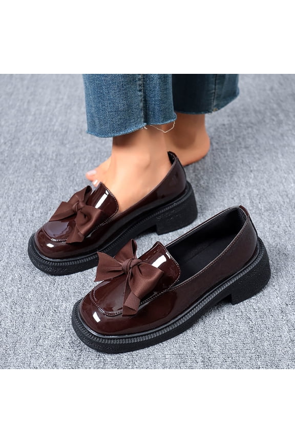Loafers for Women Lightweight Comfort Glossy PU Leather Bow Round Toe Low Block Heel Dress Shoes Dressy Casual Thin Sole Flat Shoes for Walking Driving Travel