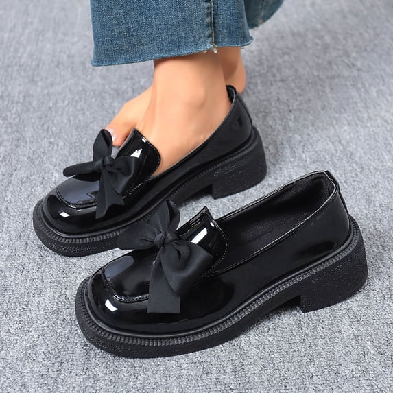 Purcolt Loafers for Women Lightweight Comfort Glossy PU Leather Bow Round Toe Low Block Heel Dress Shoes Dressy Casual Thin Sole Flat Shoes for Walking Driving Travel