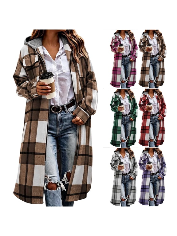 Long Flannel Jacket Women Hooded Plaid Coat Oversized Button Down Shacket 2026 Fall Winter Casual Warm Trench Coats