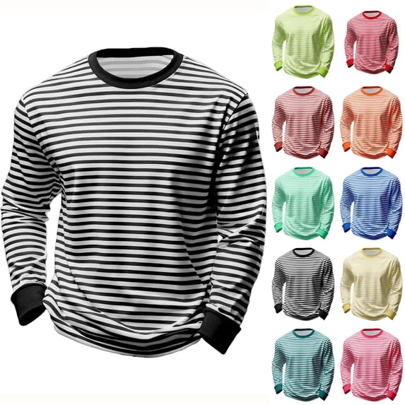 Purcolt Long Sleeve Shirts for Men, Crew Neck Color Block Striped Basic Shirts Spring Summer Casual Sports Pullover Tops Blouse