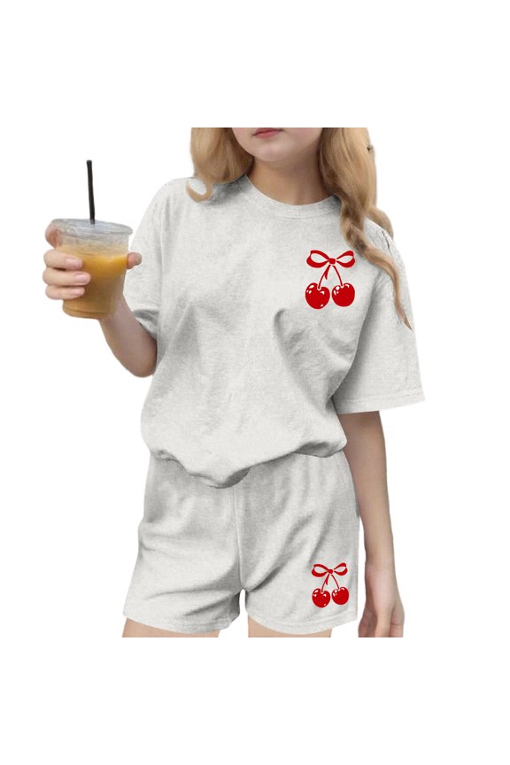 Lounge Set for Girts Summer Cute Print 2 Piece Outfits Casual Crewneck Short Sleeve Tops and Shorts Matching Set for 3-14 Years