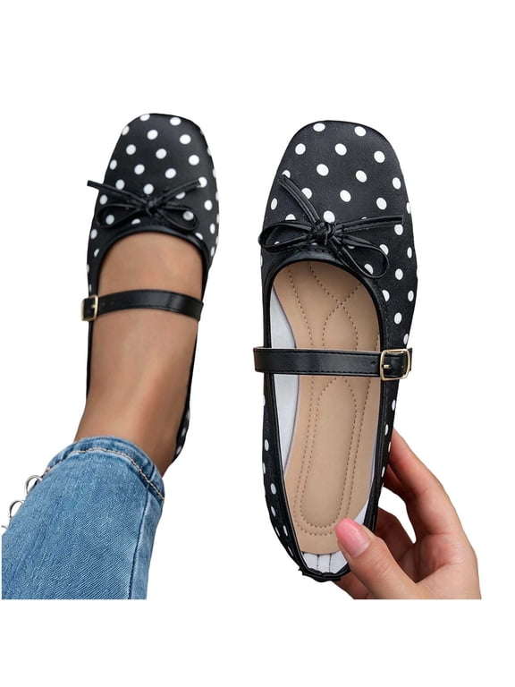 Mary Jane Shoes for Women Trendy Elegant Bowknot Polka Point Square Toe Slip On Ballet Shoes Comfort Casual Soft Sole Flat Shoes with Buckle Strap