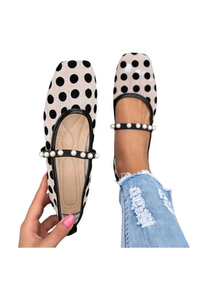 Mary Jane Shoes for Women Trendy Elegant Polka Point Square Toe Slip On Ballet Shoes Comfort Casual Soft Sole Flat Shoes with Pearl Elastic Strap