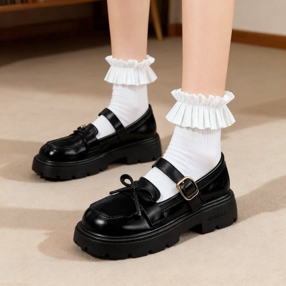Purcolt Mary Jane Shoes for Girls Cute Bow Round Toe Buckle Ankle Tied Chunky Sole Flat Shoes Dressy Casual School Uniform Dress Shoes,3.5-105Y