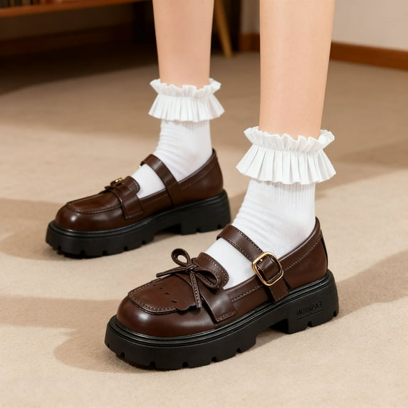 Purcolt Mary Jane Shoes for Girls Cute Bow Round Toe Buckle Ankle Tied Chunky Sole Flat Shoes Dressy Casual School Uniform Dress Shoes,3.5-105Y