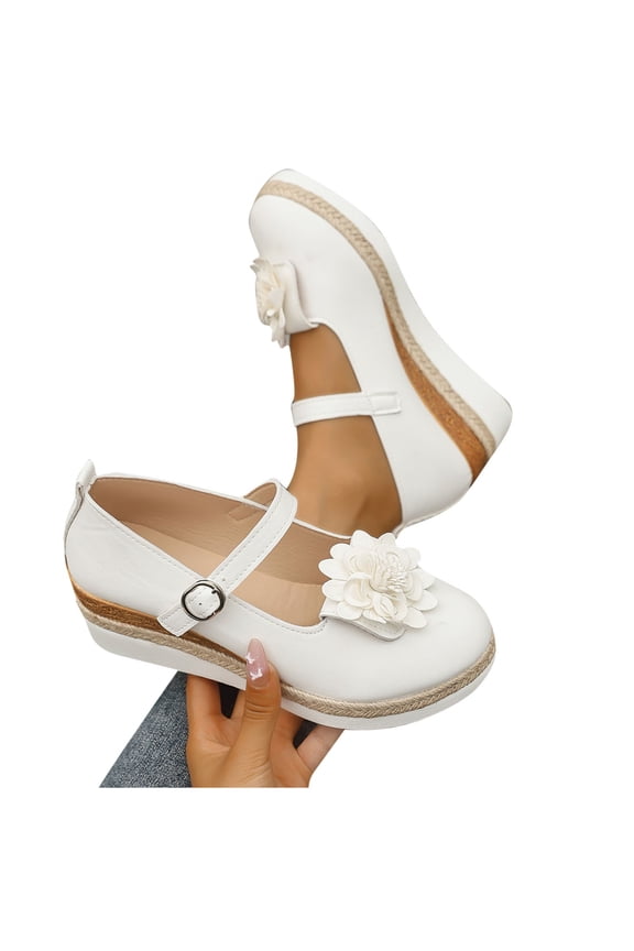 Mary Jane Shoes for Women Cozy Cute Flower Round Toe Wedge Shoes with Adjustable Strap Daily Casual Outfits Dress Shoes