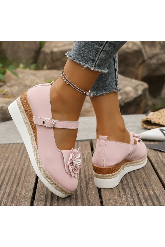 Mary Jane Shoes for Women Cozy Cute Flower Round Toe Wedge Shoes with Adjustable Strap Daily Casual Outfits Dress Shoes