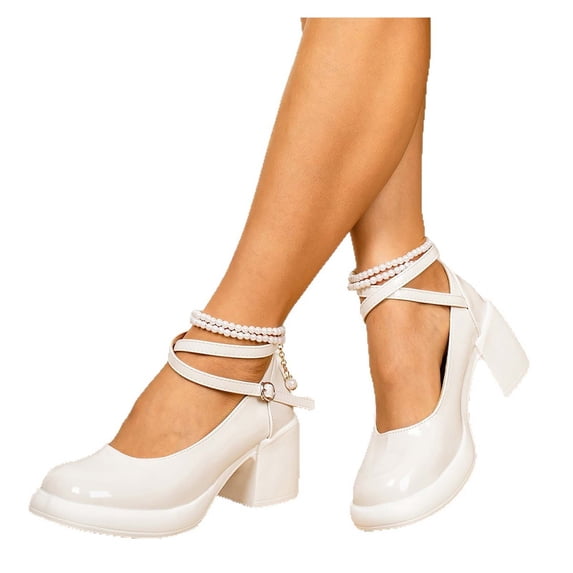 Purcolt Mary Jane Shoes for Women Cute Round Toe Chunky Sole Heels Pumps Buckle Pearl Strap Block Heel Dress Shoes for Wedding Party Club