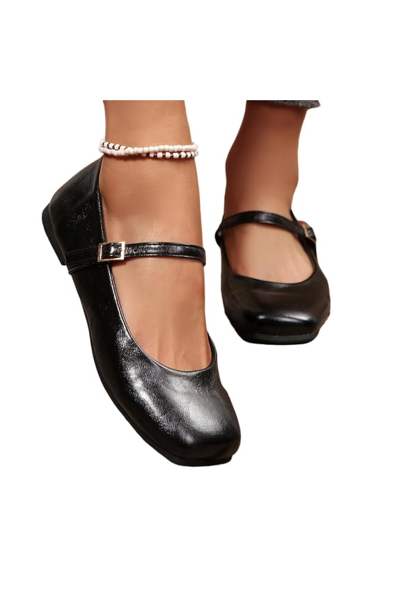Mary Jane Shoes for Women Elegant Square Toe Ballet Flats with Ankle Strap Dressy Comfortable Flats