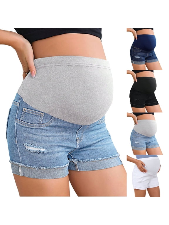 Maternity Denim Shorts Over The Belly High Waist Distressed Cuffed Hem Stretchy Comfy Pregnancy Jeans Shorts