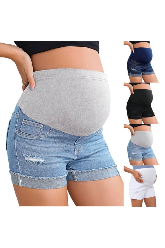 Maternity Denim Shorts Over The Belly High Waist Distressed Cuffed Hem Stretchy Comfy Pregnancy Jeans Shorts