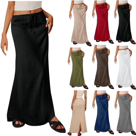 Purcolt Maxi Skirts for Women Cotton Linen Drawstring Waist Long Skirts Boho Casual Flowy A Line Skirts Summer Design