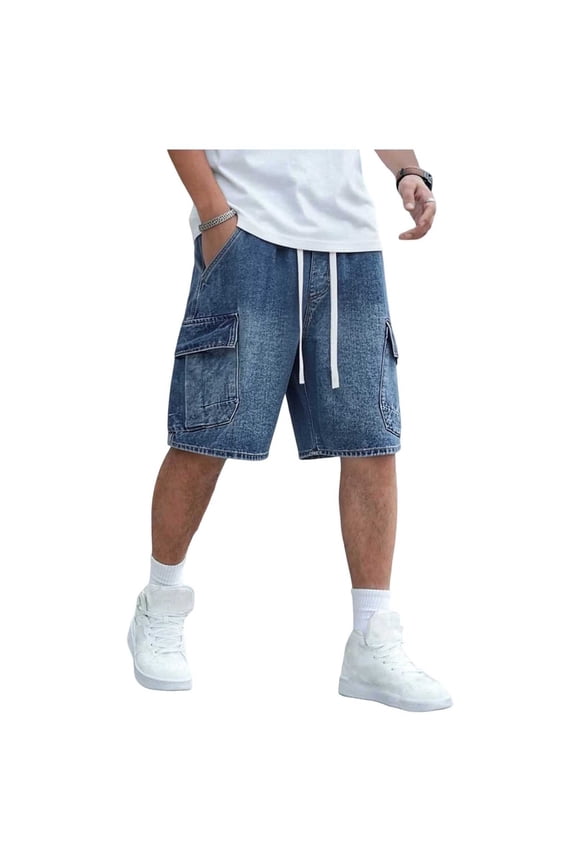 Men's Baggy Cargo Jean Shorts Drawstring Elastic Waist Casual Washed Bermuda Denim Shorts Wide Leg Loose Hip-hop Jorts with Pockets Vintage Y2k Streetwear