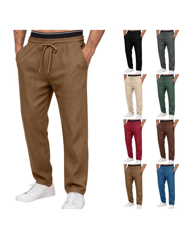 Men's Cotton Linen Pants Lightweight Drawstring Elastic Waist Summer Casual Loose Fit Trousers Business Work Office Pants with Pockets