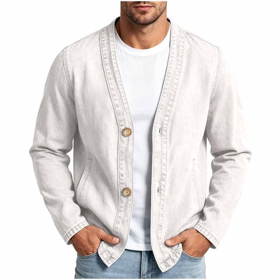 Purcolt Men's Denim Cardigan Jacket, Vintage V Neck Button Up Long Sleeve Jean Coat with Pockets for Spring Fall Casual Wear for Daily Wear