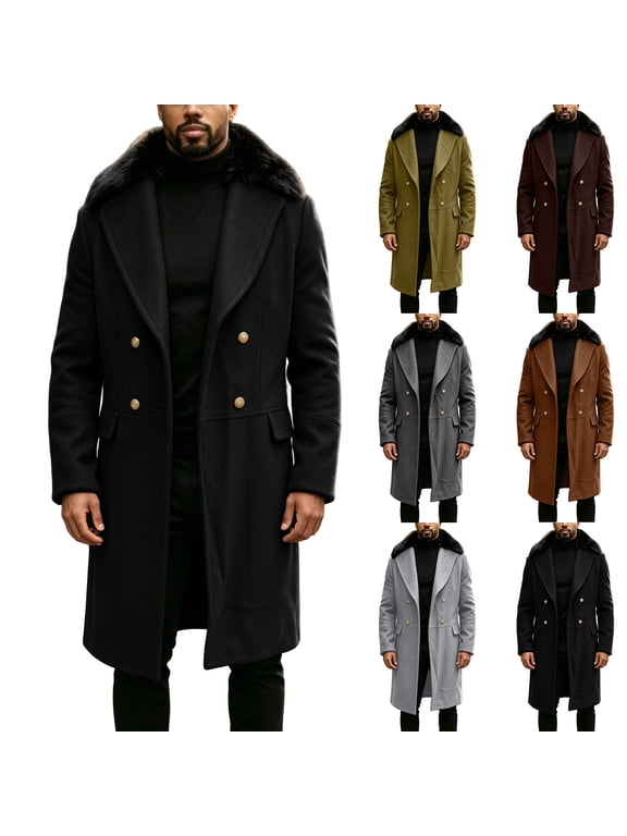 Men's Double Breasted Long Coat, Winter Overcoat with Faux Fur Collar, Notch Lapel and Buttons, Dressy Business Casual Outerwear
