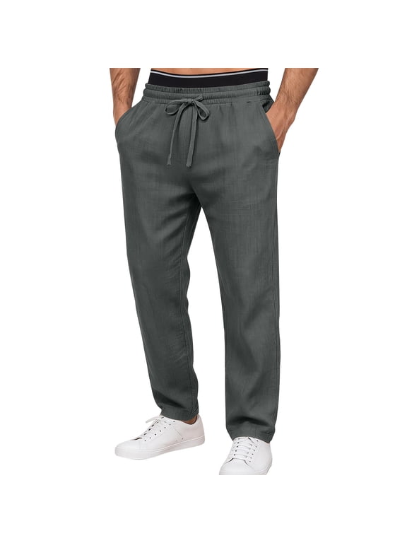 Men's Drawstring Casual Pants Straight Leg Pull On Trousers with Elastic Waist Slant Pockets and Open Hems for Beach Vacations and Weekend Wear