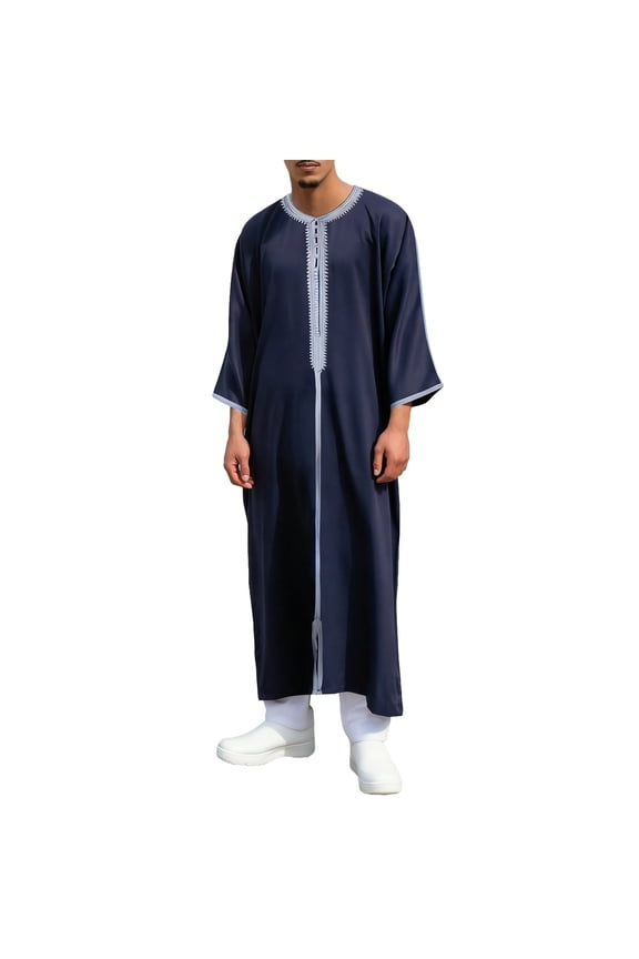 Men's Embroidery Muslim Long Sleeve Round Neck Loose Breathable Robe Islamic Abaya