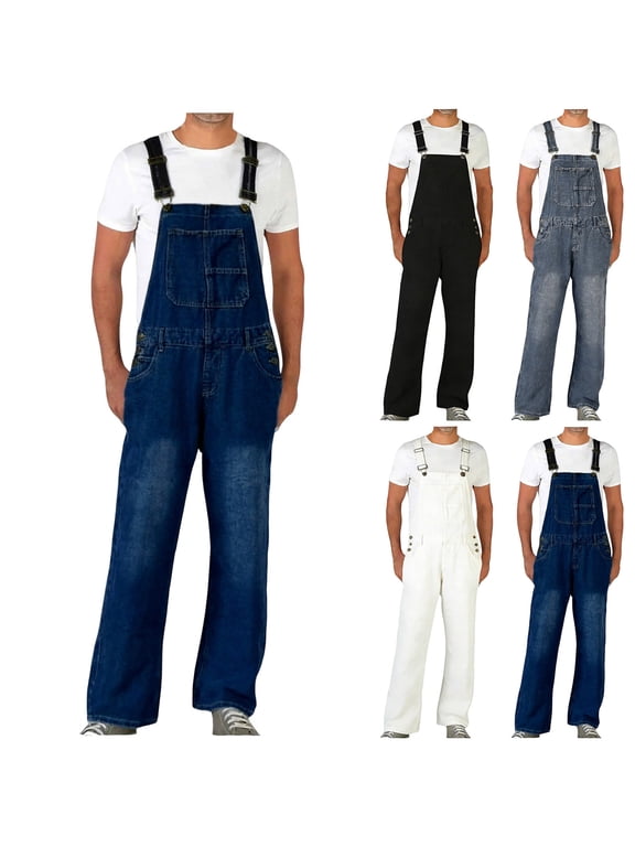 Men's Faux Denim Bib Overalls Loose Fit Adjustable Straps Workwear Jumpsuit Casual Classic Coveralls with Pockets