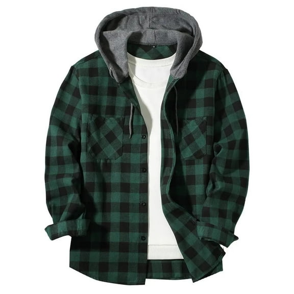 Purcolt Men's Plaid Hoodie Shirts Long Sleeve Casual Vintage Button Down Oversized Shirt Jacket with Pockets Green XXL