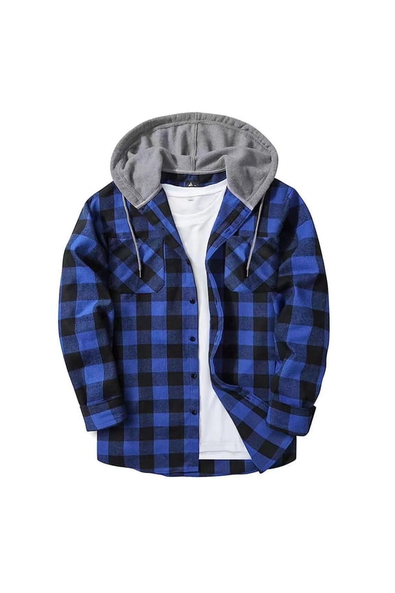 Men's Plaid Hoodie Shirts Long Sleeve Casual Vintage Button Down Oversized Shirt Jacket with Pockets Blue XL