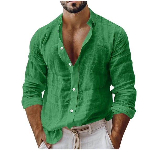 Purcolt Men's Linen Henley Shirt Long Sleeve Stand Collar Button Beach Summer Top for Vacation Resort Daily Wear Solid Work Business Casual Tops