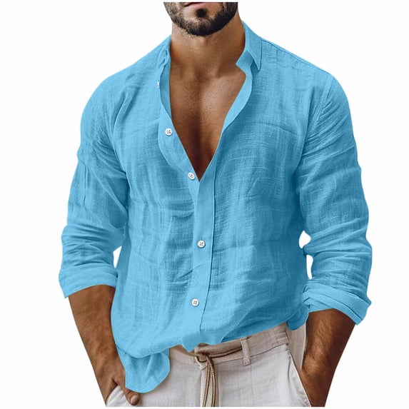 Purcolt Men's Linen Henley Shirt Long Sleeve Stand Collar Button Beach Summer Top for Vacation Resort Daily Wear Solid Work Business Casual Tops