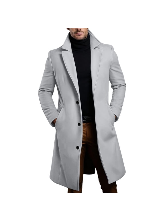 Men's Mid Length Pea Coat with Notched Lapel, Single Breasted Button Front and Side Pockets, Tailored Long Sleeve Fall Winter Overcoat for Fall Winter Layering