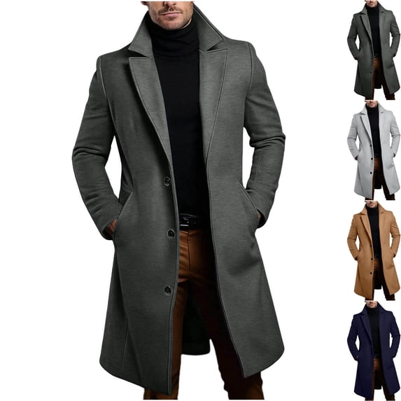 Purcolt Men's Mid Length Pea Coat with Notched Lapel, Single Breasted Button Front and Side Pockets, Tailored Long Sleeve Fall Winter Overcoat for Fall Winter Layering