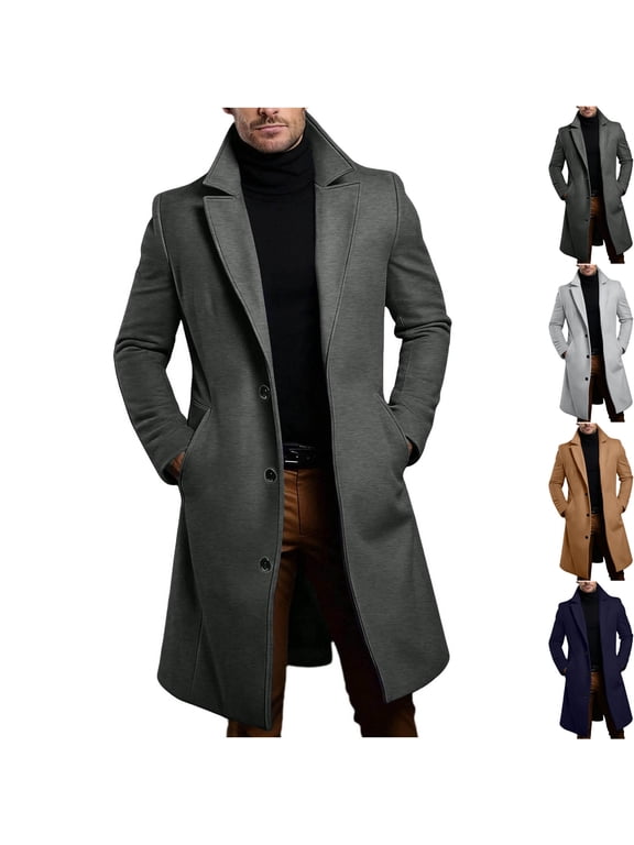 Men's Mid Length Pea Coat with Notched Lapel, Single Breasted Button Front and Side Pockets, Tailored Long Sleeve Fall Winter Overcoat for Fall Winter Layering
