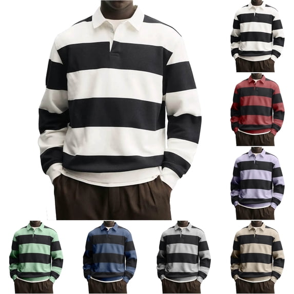 Purcolt Men's Striped Sweatshirts Soft Color Block Long Sleeve Button Tops Casual Fashion Work Golf Pullover Blouse Shirts