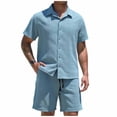 thumbnail image 1 of Purcolt Men's Summer Textured Outfits 2 Piece Short Sleeve Button Down Shirts and Shorts Beach Vacation Lounge Sets, 1 of 6