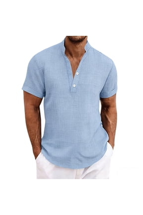 Men's T-Shirts Cotton Linen Button Down Collarless Short Sleeve Loose Fit Tops Summer Basic Solid Beach Vacation Shirts