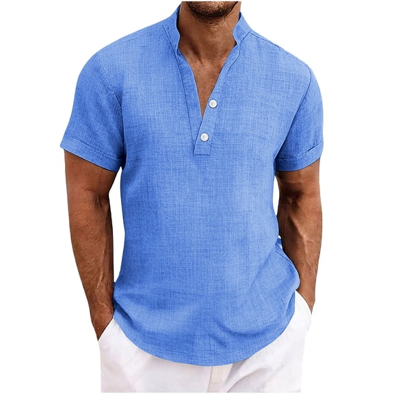 Purcolt Men's T-Shirts Cotton Linen Button Down Collarless Short Sleeve Loose Fit Tops Summer Basic Solid Beach Vacation Shirts