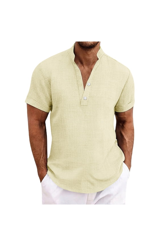 Men's T-Shirts Cotton Linen Button Down Collarless Short Sleeve Loose Fit Tops Summer Basic Solid Beach Vacation Shirts