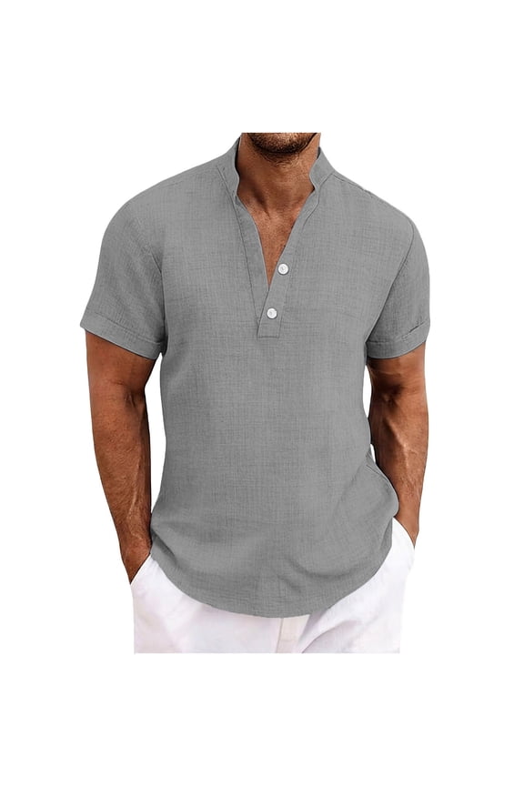 Men's T-Shirts Cotton Linen Button Down Collarless Short Sleeve Loose Fit Tops Summer Basic Solid Beach Vacation Shirts