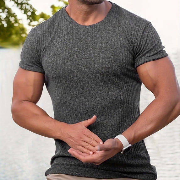 Purcolt Men's T Shirts Ribbed Crewneck Short Sleeve Tees Casual Slim Fit Muscle Shirt Regular Fit Gym Workout Athletic Tops