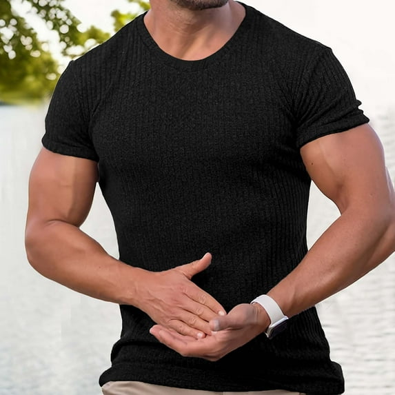 Purcolt Men's T Shirts Ribbed Crewneck Short Sleeve Tees Casual Slim Fit Muscle Shirt Regular Fit Gym Workout Athletic Tops