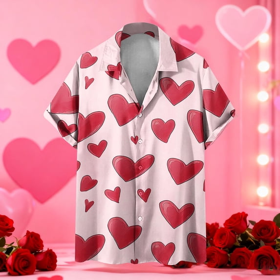 Purcolt Men's Valentines Day Shirt Heart Print Short Sleeve Collared Button Down Shirt Casual Lightweight Loose Fit Summer Tops