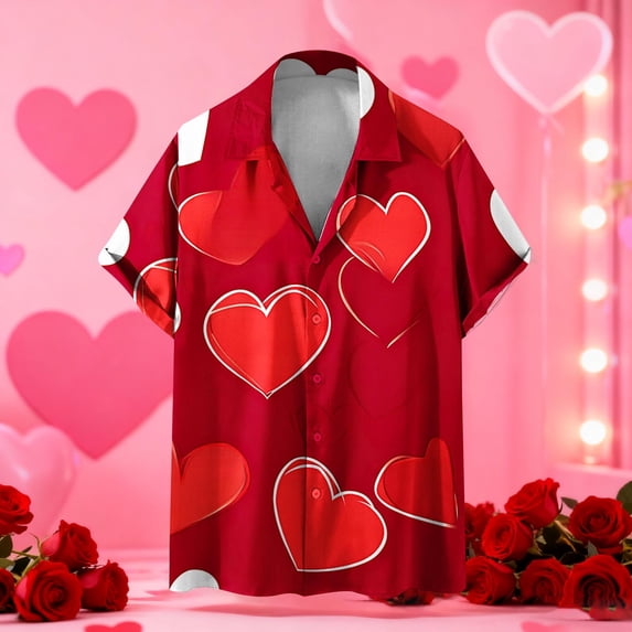 Purcolt Men's Valentines Day Shirt Heart Print Short Sleeve Collared Button Down Shirt Casual Lightweight Loose Fit Summer Tops