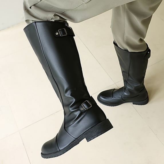 Purcolt Men's Vintage Cowboy Riding Tall Boots Comfort Casual Round Toe Block Heel Mid-Calf Boots Trendy Thick Sole Non-Slip Western Booties with Buckle Strap