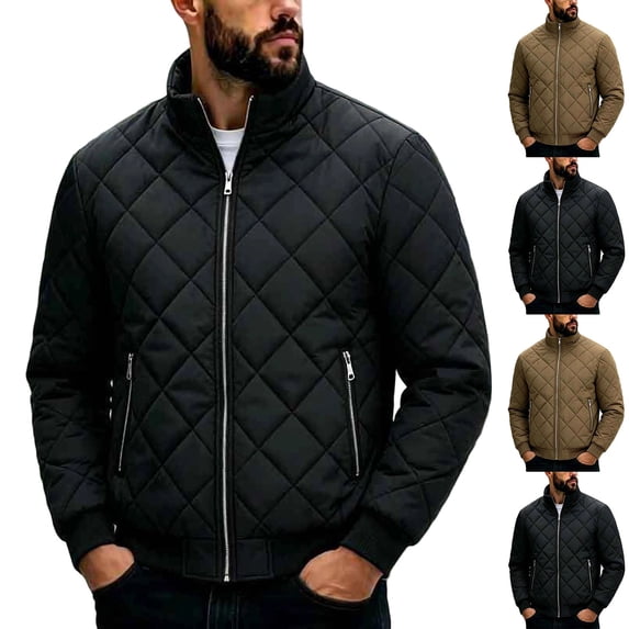 Purcolt Mens Bomber Jackets Trendy Casual Quilted Stand Neck Full Zip Up Winter Thermal Coats Comfort Loose Fit Windproof Outerwear with Zipper Pockets