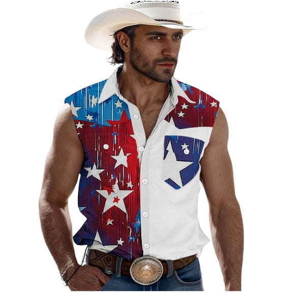 Purcolt Mens Button Down Tank Tops Dressy Casual Print Lapel Collar Sleeveless Vest Vintage Western Cowboy Loose Fit Shirts with Pocket