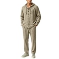 thumbnail image 1 of Purcolt Mens Cotton Linen 2 Piece Tracksuit Set Comfort Casual Long Sleeve Button Down Hooded Jacket Elastic Waist Straight Leg Pants Lounge Outfit Dailywear, 1 of 8