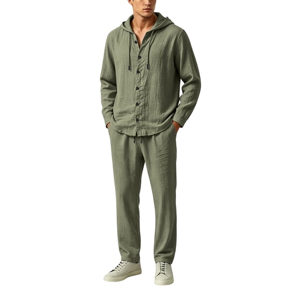 Purcolt Mens Cotton Linen 2 Piece Tracksuit Set Comfort Casual Long Sleeve Button Down Hooded Jacket Elastic Waist Straight Leg Pants Lounge Outfit Dailywear